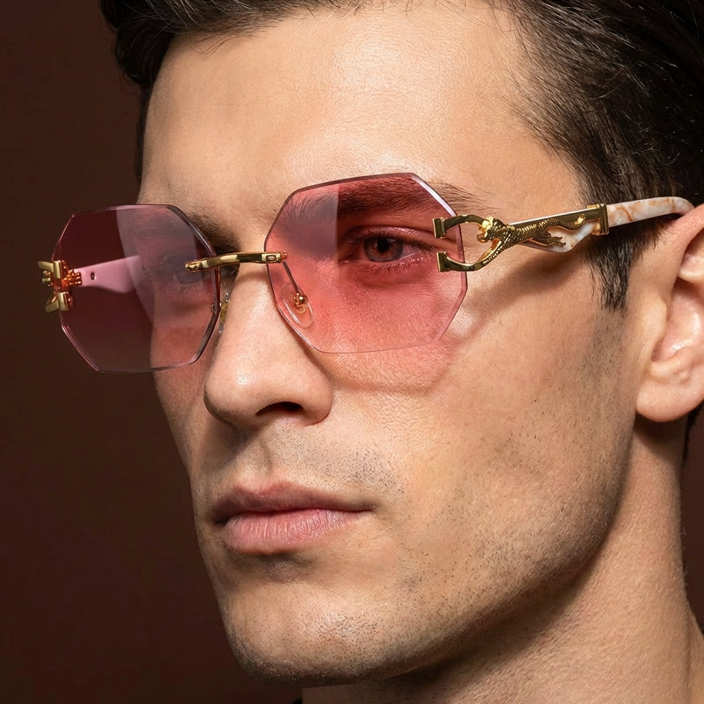 Polygonal rimless sunglasses, stylish and unisex, featuring gradient UV400 lenses.