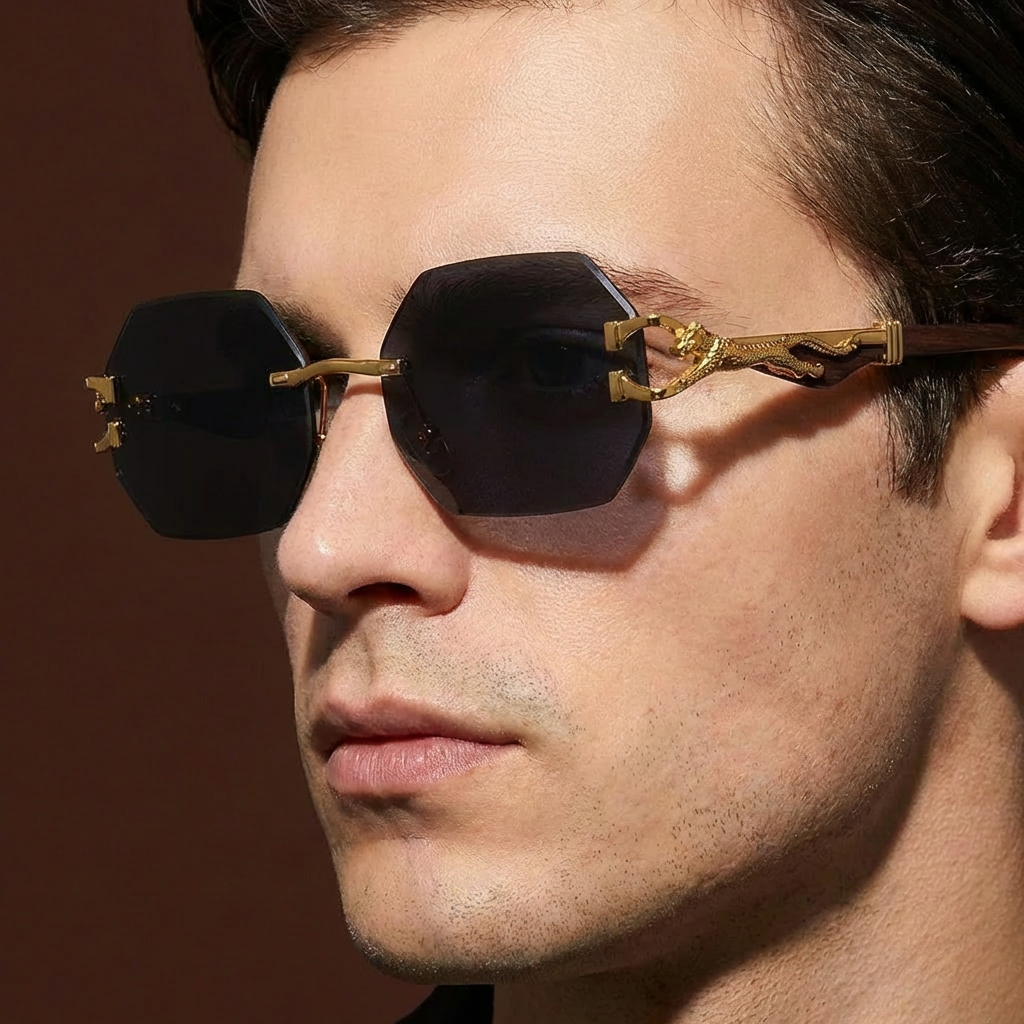 Unisex polygonal rimless sunglasses, sleek design, gradient lenses, maximum UV protection.