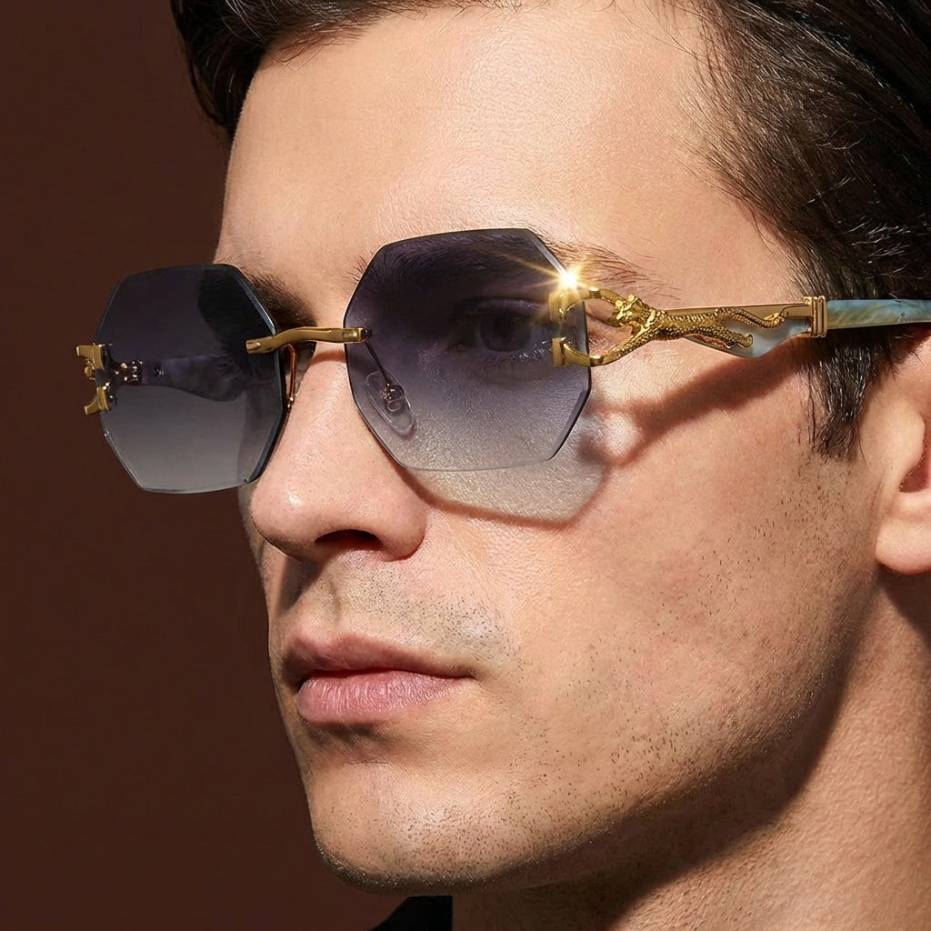 Stylish rimless sunglasses, polygonal frame, UV400 protection, suitable for men & women.