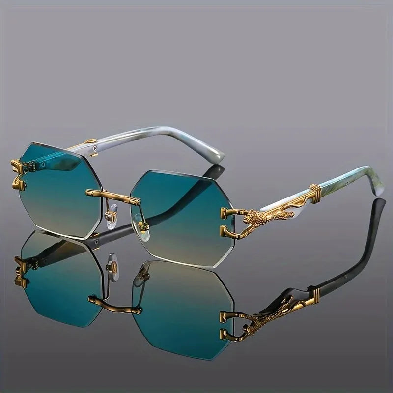 Gradient lens rimless polygonal sunglasses, leopard print temples, ultimate UV400 eye protection.