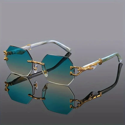 Gradient lens rimless polygonal sunglasses, leopard print temples, ultimate UV400 eye protection.