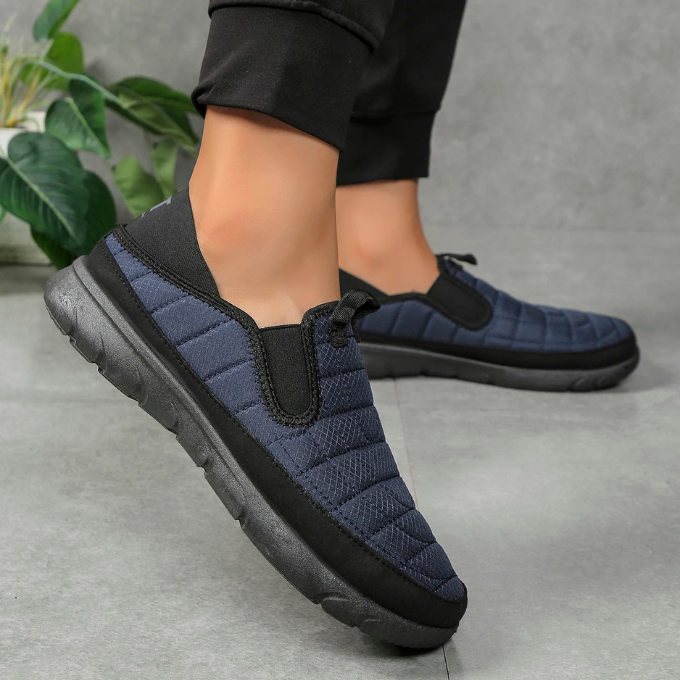 Water-resistant slip-on walking shoes, lightweight, breathable, and comfortable for all-day wear.