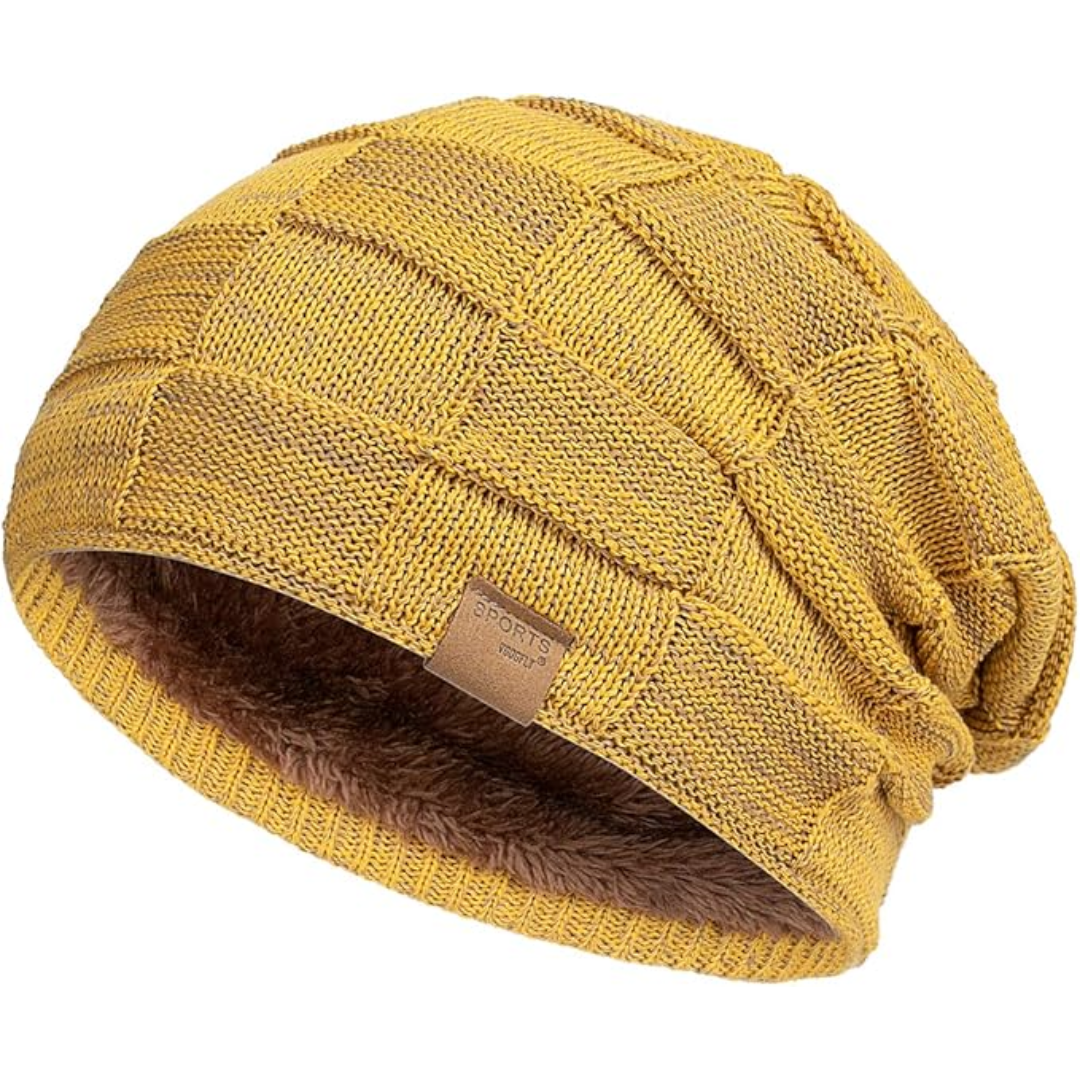 Unisex slouchy knitted beanie for ultimate winter warmth; a cozy and stylish cold weather accessory.