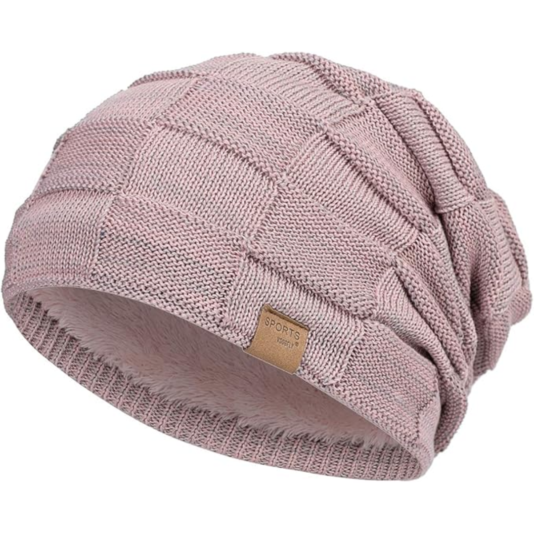 Stylish knitted slouchy beanie, designed for unisex warmth and a trendy winter headwear look.