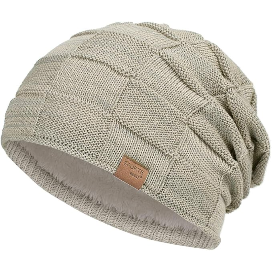 Close-up of a cozy knitted slouchy beanie, showing its soft texture, perfect for winter warmth.