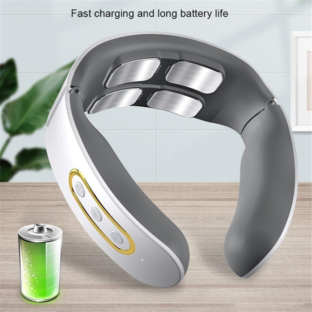 Portable smart neck massager for on-the-go pain relief. Heat therapy & TENS for shoulders.
