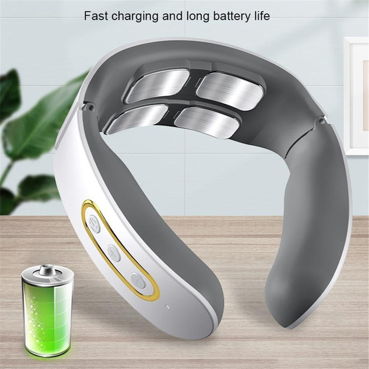 Portable smart neck massager for on-the-go pain relief. Heat therapy & TENS for shoulders.