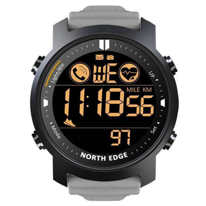 Digital fitness watch with activity tracker and heart rate monitor, compatible with Android and iOS.