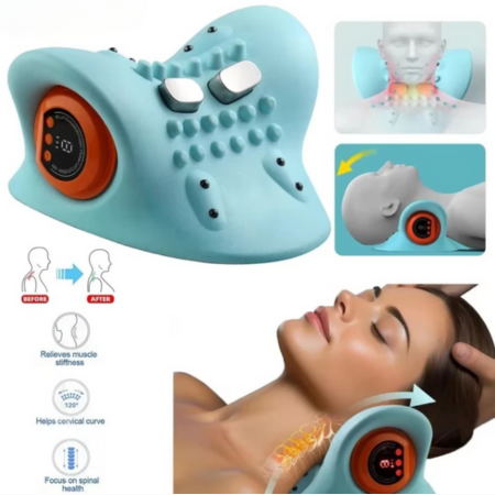Portable wireless electric neck massager with pulse & heat for shoulder tension relief.