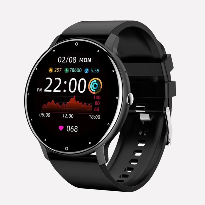 Unisex Smart Fitness Watch with black band, displaying heart rate & blood oxygen levels on its bright digital screen.