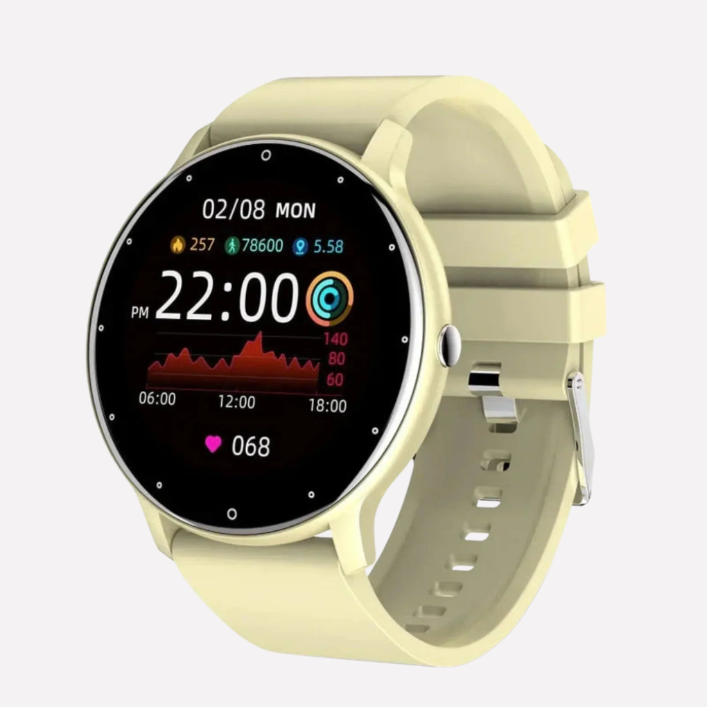 Sleek unisex fitness tracker wristband monitoring heart rate & blood oxygen during a workout, on a bright digital display.