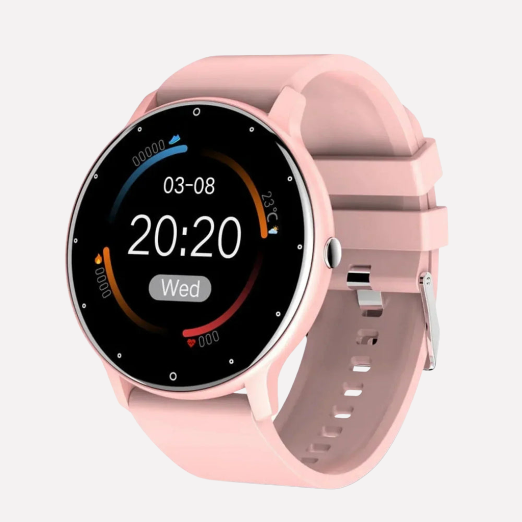 Modern unisex digital smart watch, tracking activity & displaying real-time heart rate and blood oxygen on wrist.