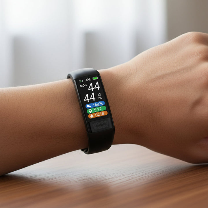Smart health tracker armband. Monitors ECG, blood pressure & heart rate. Essential wearable tech.