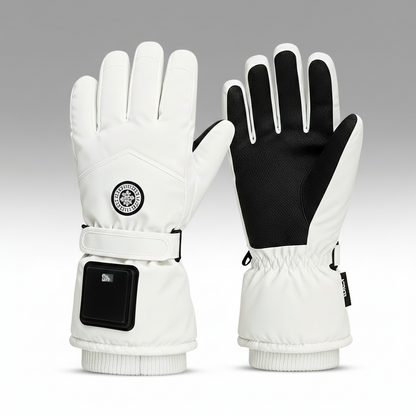 Unisex smart heated gloves for skiing, black with red accents, showing heating elements.