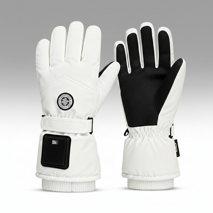 Unisex smart heated gloves for skiing, black with red accents, showing heating elements.