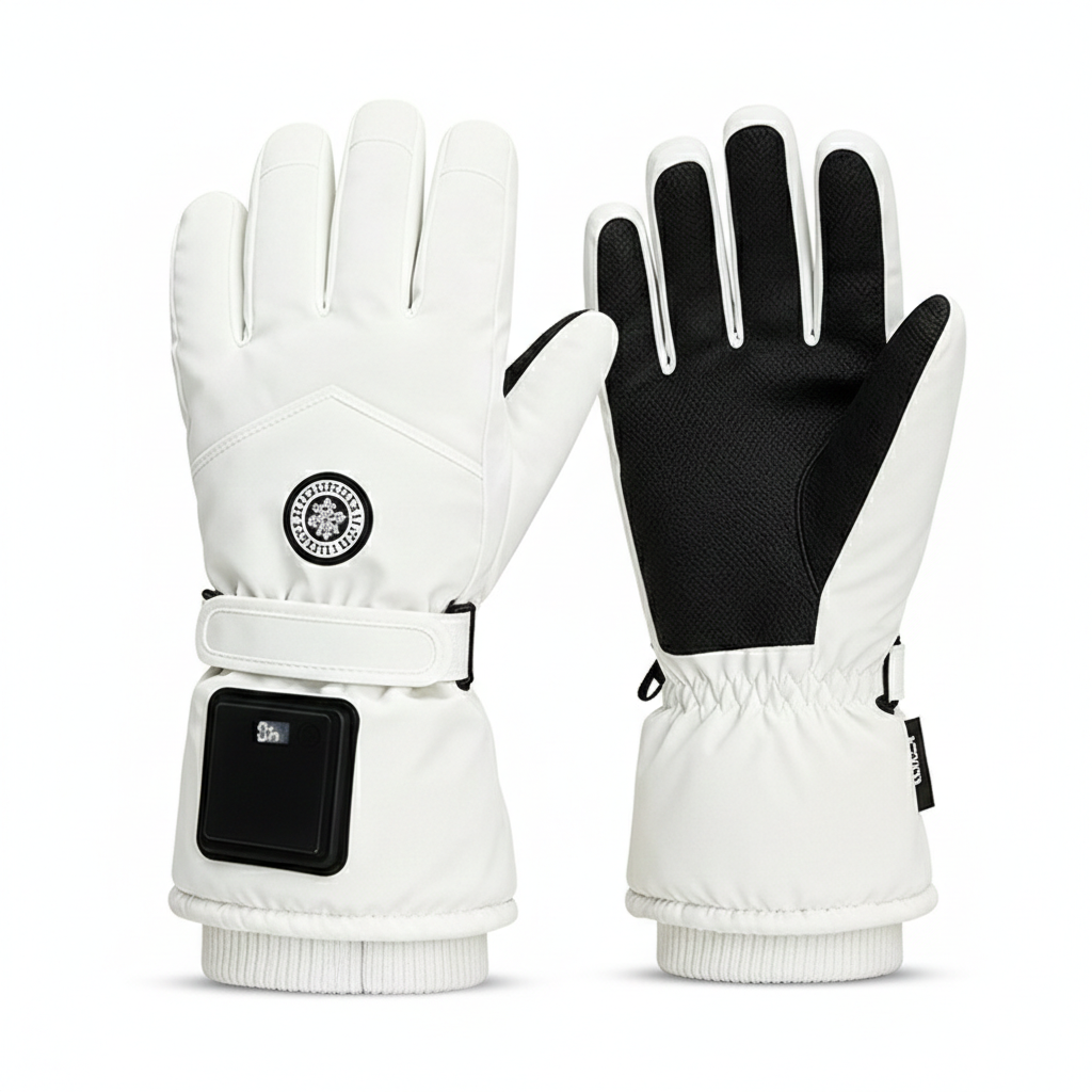 Rechargeable heated gloves, highlighting the discreet battery pocket and power button.