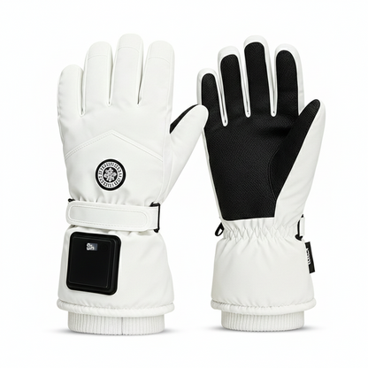 Rechargeable heated gloves, highlighting the discreet battery pocket and power button.