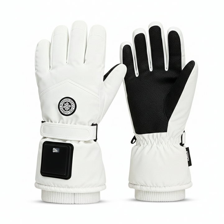Rechargeable heated gloves, highlighting the discreet battery pocket and power button.