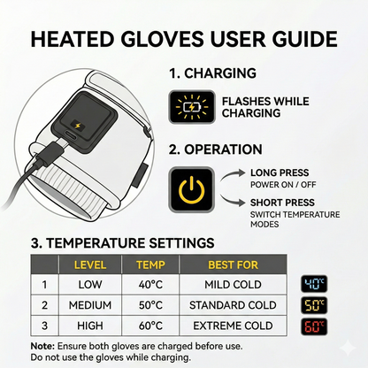 Warm unisex heated accessories: black gloves on a snowy background, emphasizing winter readiness.