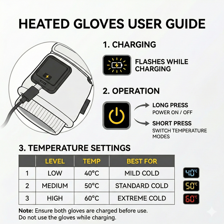 Warm unisex heated accessories: black gloves on a snowy background, emphasizing winter readiness.