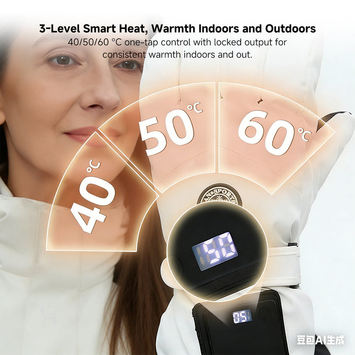 Pair of waterproof heated winter gloves, ideal for cycling, with touchscreen friendly fingertips.