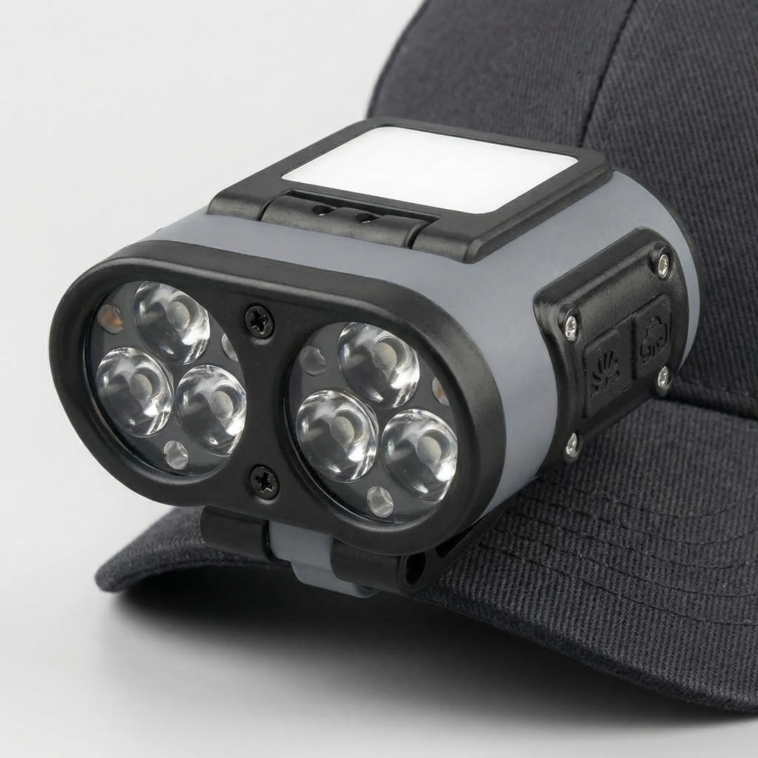 Durable Smart Sensor LED Headlamp clips to gear. Essential outdoor light for hiking, fishing, and camping adventures.