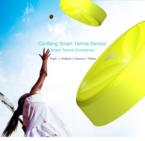 Athlete using a smart tennis racket sensor to track real-time swing performance, speed, and ball impact for training.