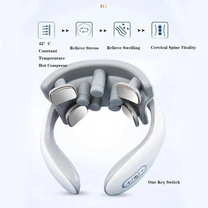 Unisex Smart Neck Massager delivering Vibration & Heat Therapy for Pain & Stress Relief.