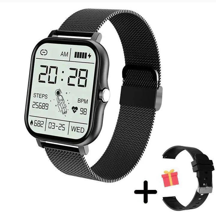 Digital smart watch display showing incoming call notification & real-time health monitor data. Bluetooth calling.