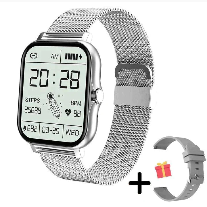 Durable unisex smartwatch fitness tracker with black strap, showcasing full functionality & Android/iOS compatibility.