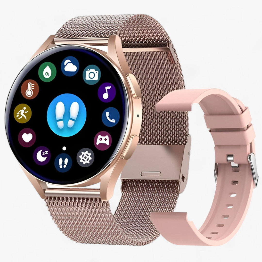 Modern Evelyne fitness watch on a wrist, tracking workouts, sleep, and overall wellness.