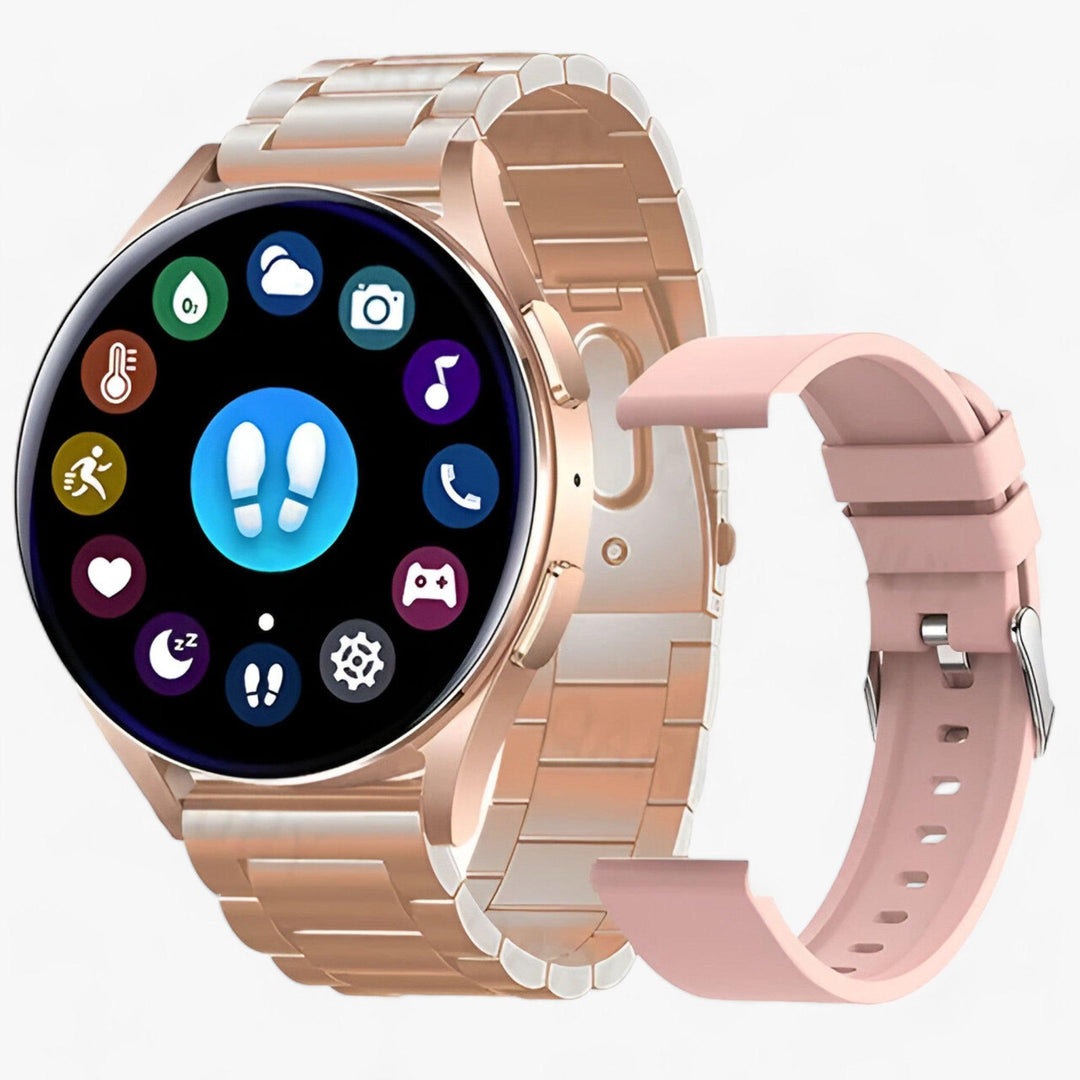 Close-up of Evelyne wearable tech, showing sleek design & customizable watch face for style.