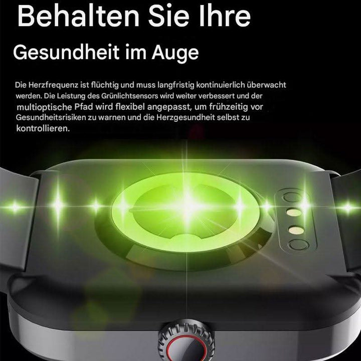 Digital health wearable smartwatch for fitness, sleep, and pain-free blood sugar & vital signs tracking.