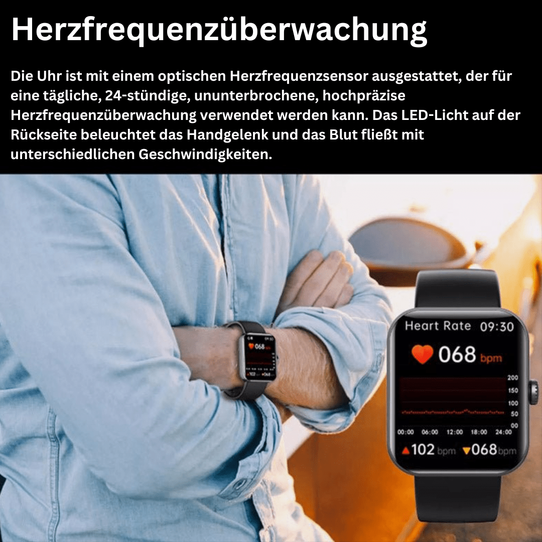 Unisex wellness smartwatch: pain-free blood sugar, heart rate, BP, sleep, & fitness tracking.