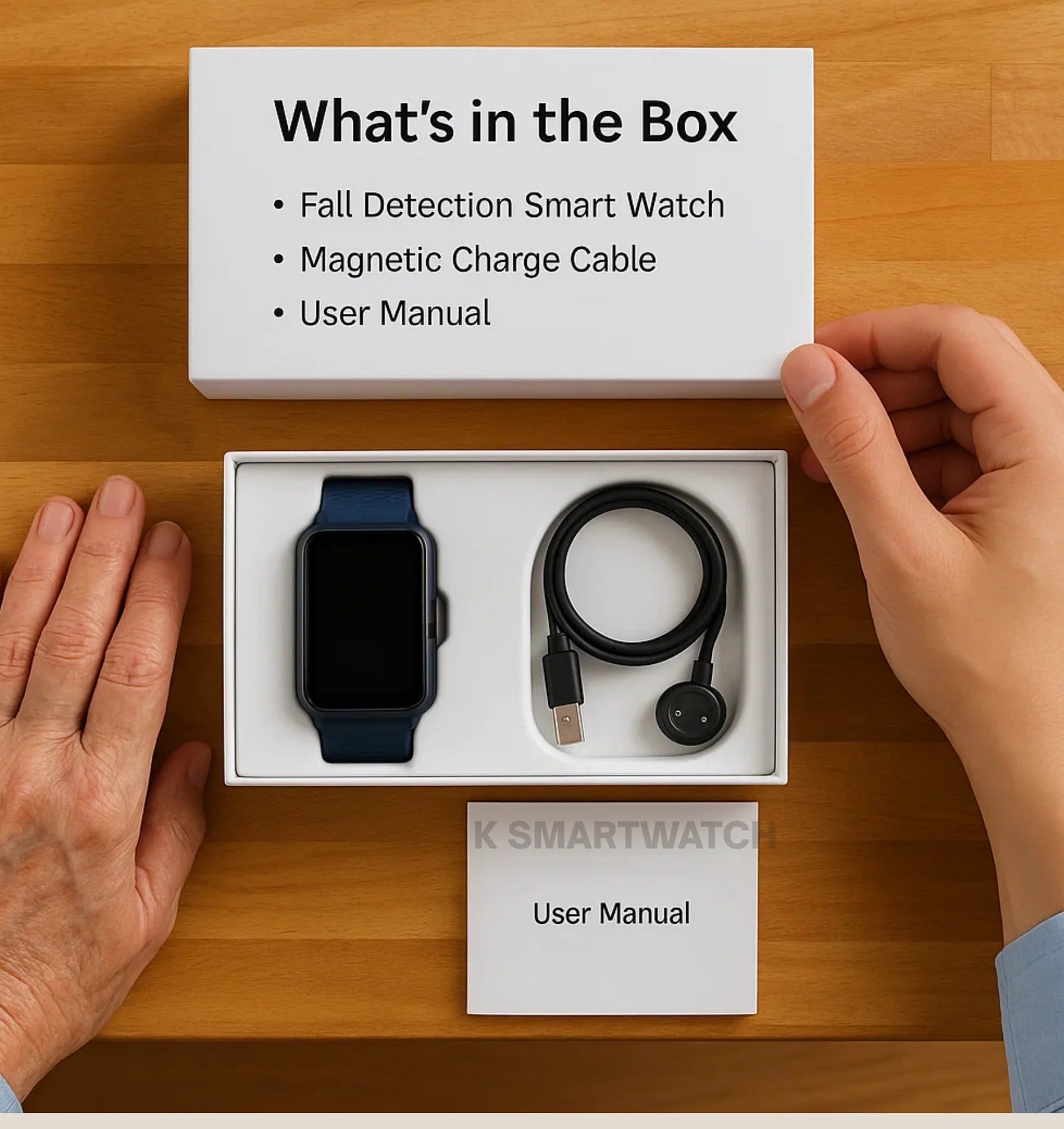 Smartwatch for seniors with medication reminders, GPS tracker, & fall detection system.