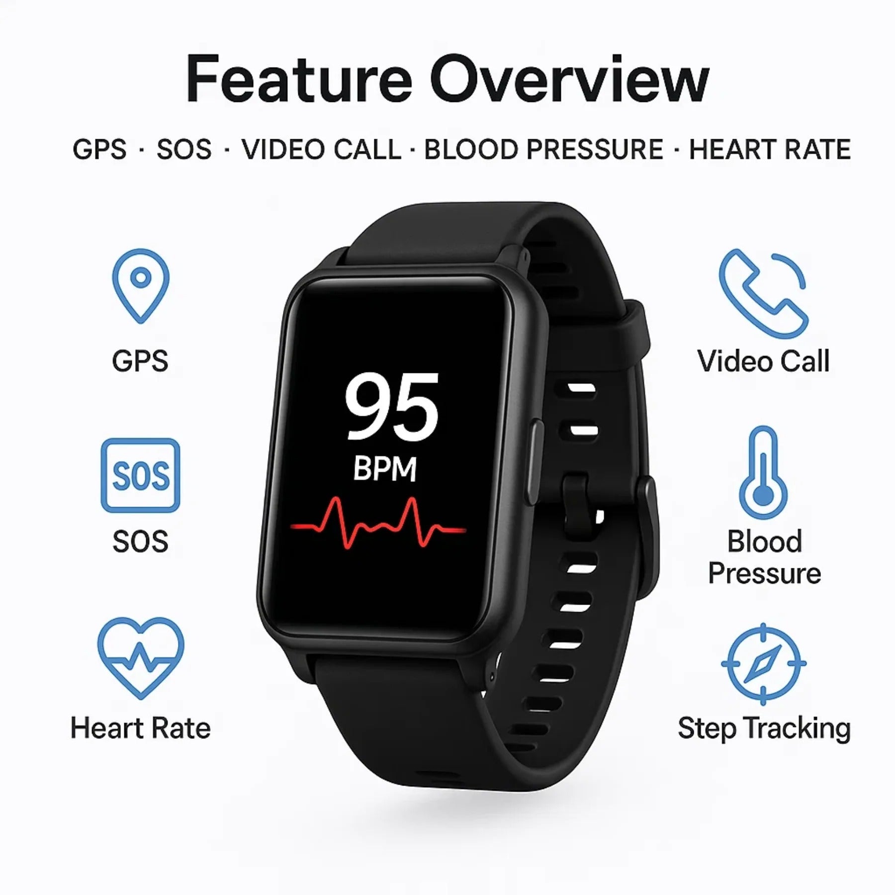 Unisex smartwatch for elderly care, offering fall detection, GPS, & 24/7 monitoring.