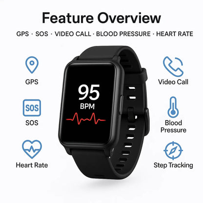 Unisex smartwatch for elderly care, offering fall detection, GPS, & 24/7 monitoring.