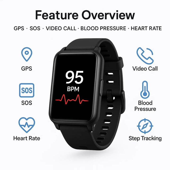 Unisex smartwatch for elderly care, offering fall detection, GPS, & 24/7 monitoring.