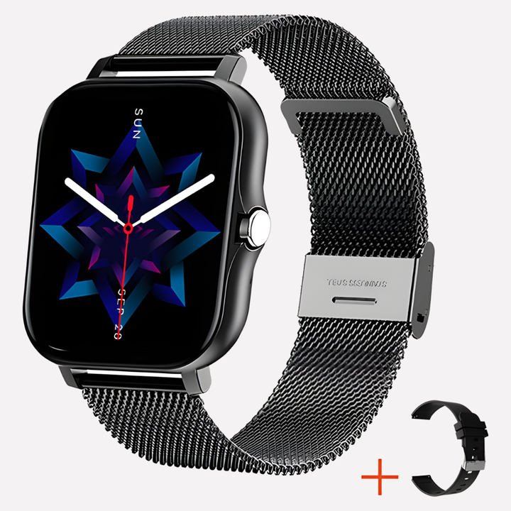 Black touchscreen smartwatch for unisex daily use, featuring GPS tracking and an SOS emergency call button.
