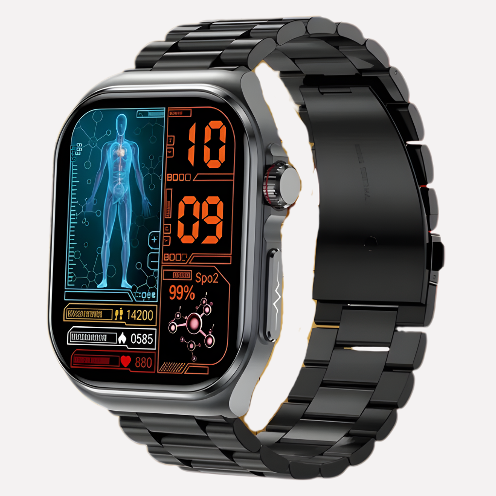 Modern unisex smartwatch. Digital display shows heart rate, fitness data. A versatile health tech wristband.