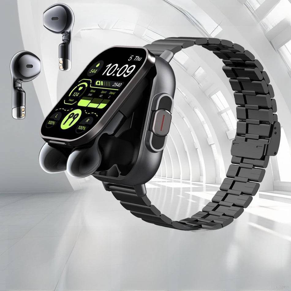 Unisex smartwatch with integrated wireless earbuds, sleek design, perfect for fitness tracking and calls.