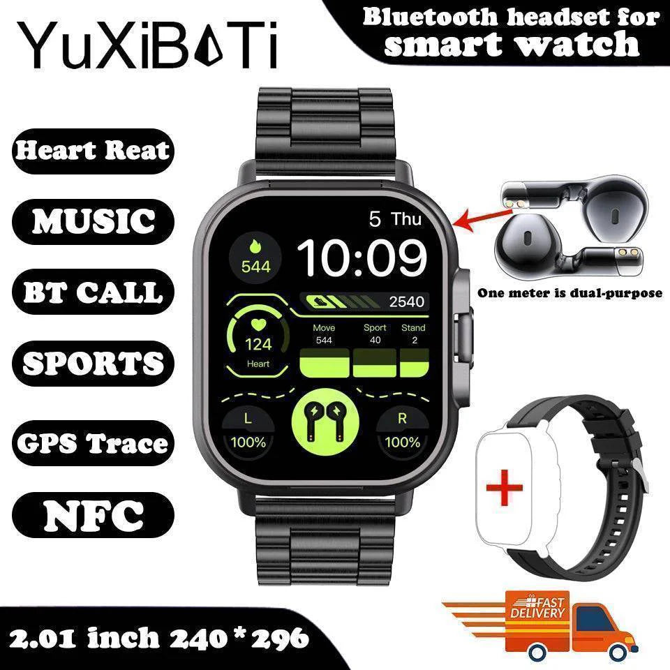Smartwatch with a vibrant display, showing off its user interface and the earbuds stored within.