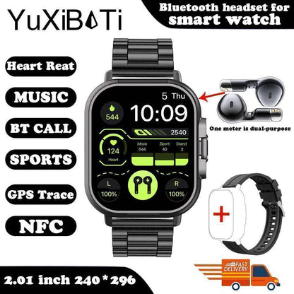 Smartwatch with a vibrant display, showing off its user interface and the earbuds stored within.