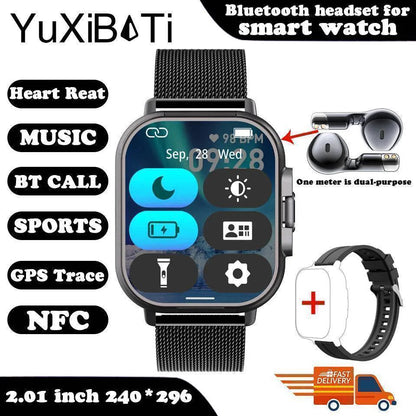 Detail of the smartwatch's earbud storage compartment, highlighting the secure and compact design.