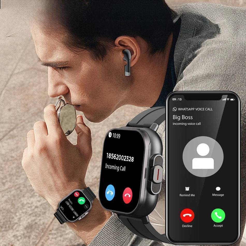 Sports watch: Athlete using a smartwatch with earbuds during a workout, tracking fitness metrics.
