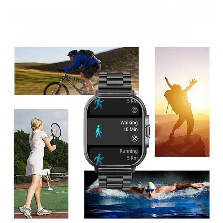 Unisex fitness tracker watch with a side view revealing the hidden compartment for wireless earbuds.
