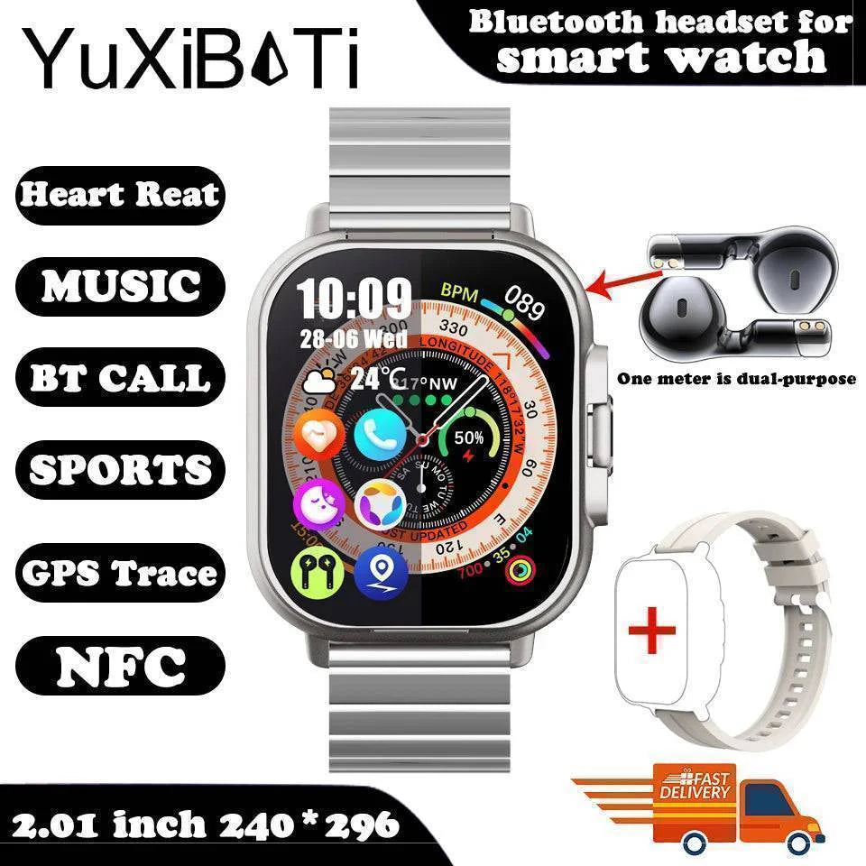 Professional shot of the smartwatch and its accompanying earbuds, emphasizing their seamless integration.