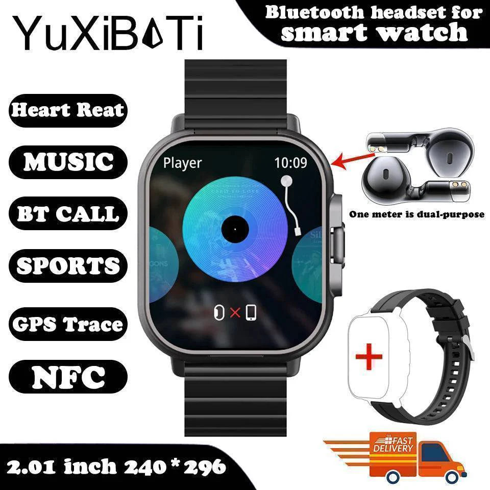 Health monitor smartwatch displaying heart rate, with the wireless earbuds ready for use.