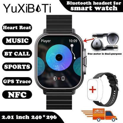Health monitor smartwatch displaying heart rate, with the wireless earbuds ready for use.