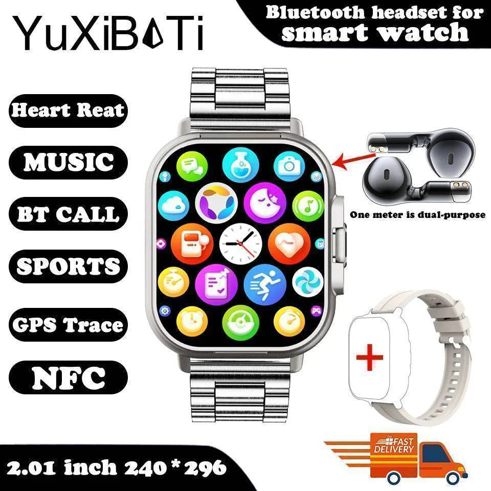 Bluetooth watch on a table, next to its integrated earbuds, ready for pairing with a smartphone.